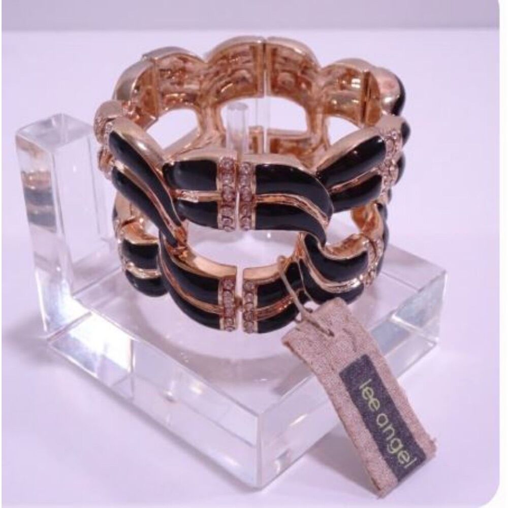 Lee Angel Women's Black Enamel Crystal Pave Wide Stretch Bracelet NWT 225